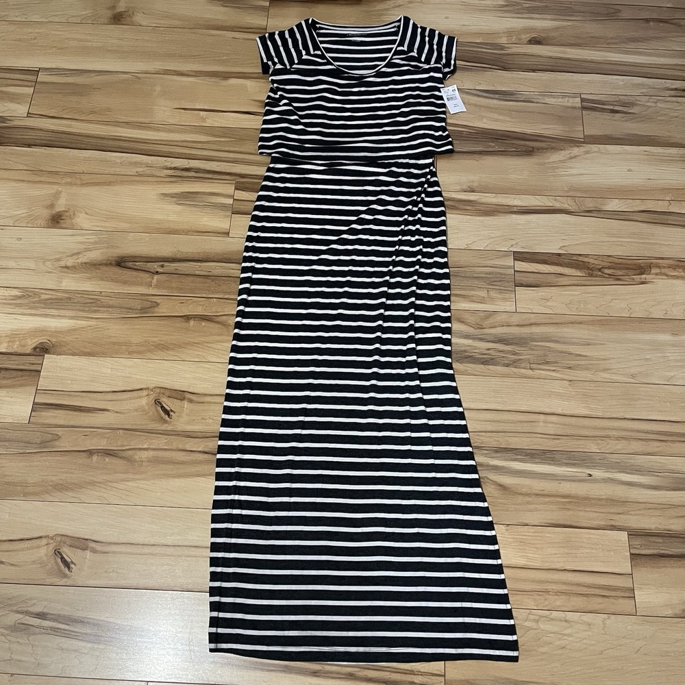 A Pea In The Pod Maternity Nursing Dress Sz XS Gray, White Stripe Maxi NWT